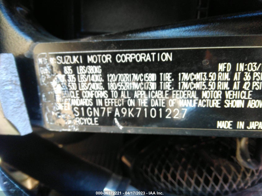 VIN JS1GN7FA9K7101227 2019 SUZUKI GSX-R600