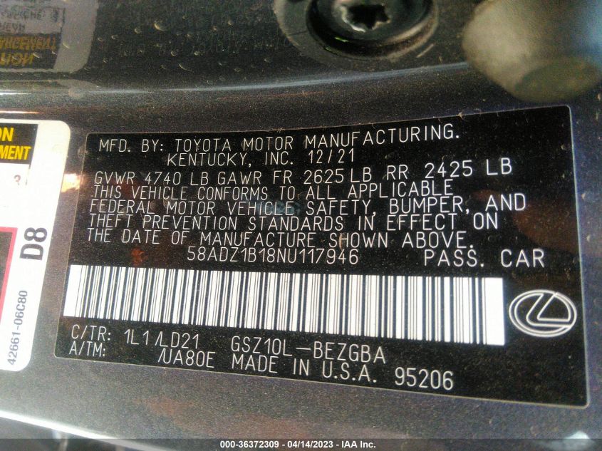 2022 LEXUS ES ES 350 - 58ADZ1B18NU117946