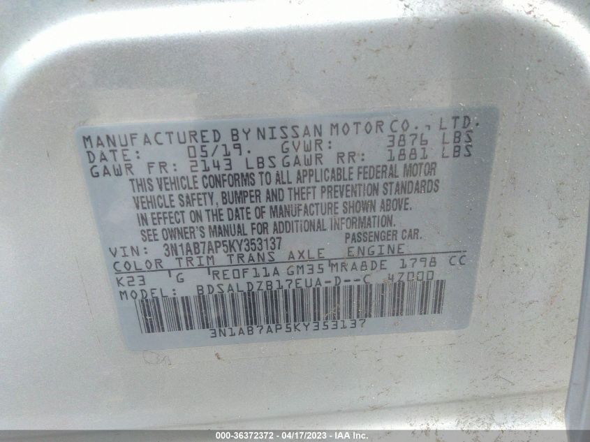 2019 NISSAN SENTRA SV - 3N1AB7AP5KY353137