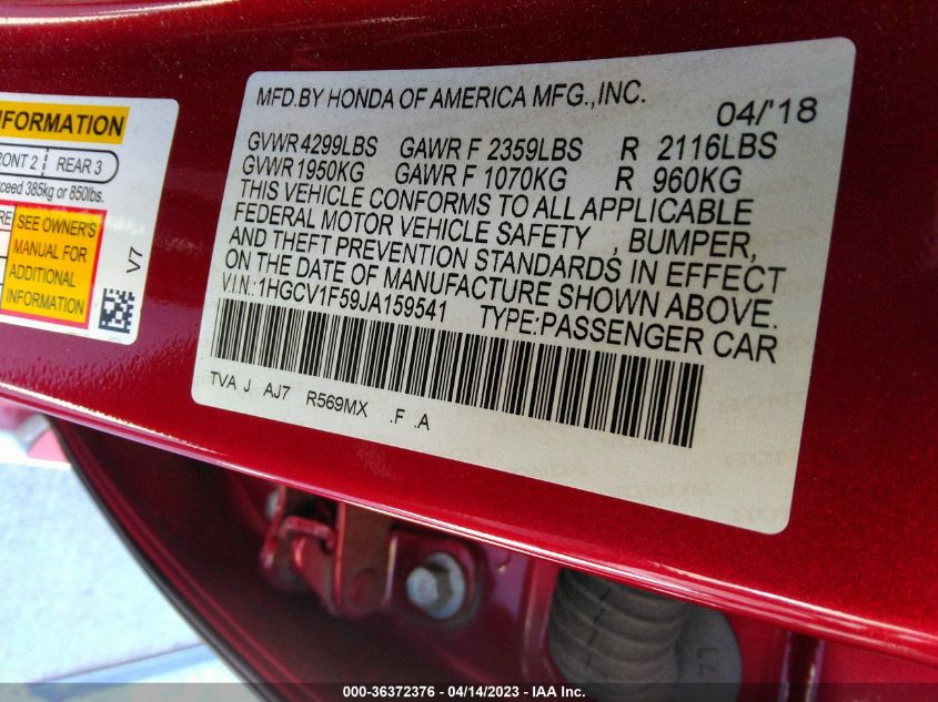 2018 HONDA ACCORD SEDAN EX-L 1.5T - 1HGCV1F59JA159541