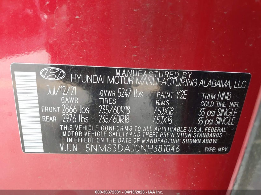 VIN 5NMS3DAJ0NH381046 2022 HYUNDAI SANTA FE SEL