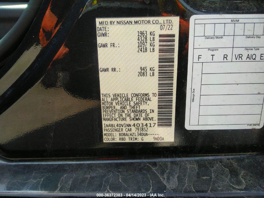 2022 NISSAN ALTIMA 2.5 SV - 1N4BL4DV1NN403417