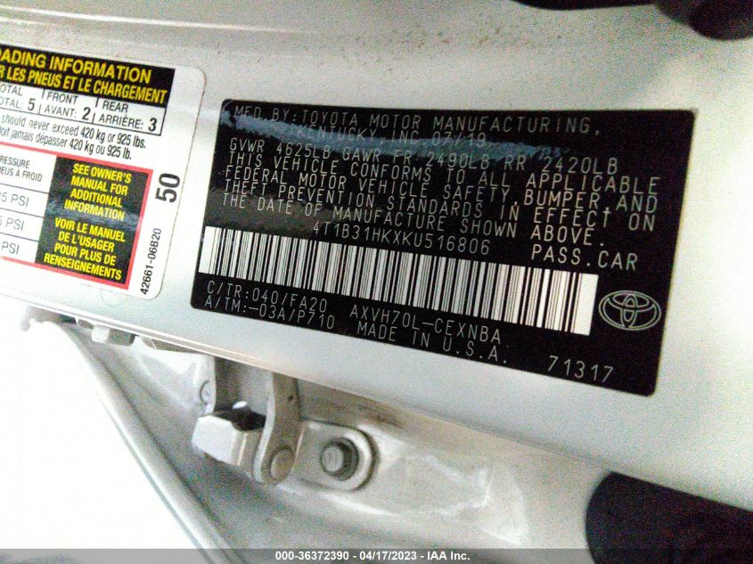 2019 TOYOTA CAMRY HYBRID - 4T1B31HKXKU516806