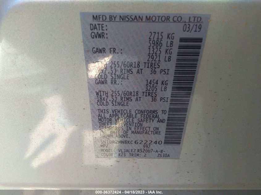 2019 NISSAN PATHFINDER SV - 5N1DR2MN8KC622240