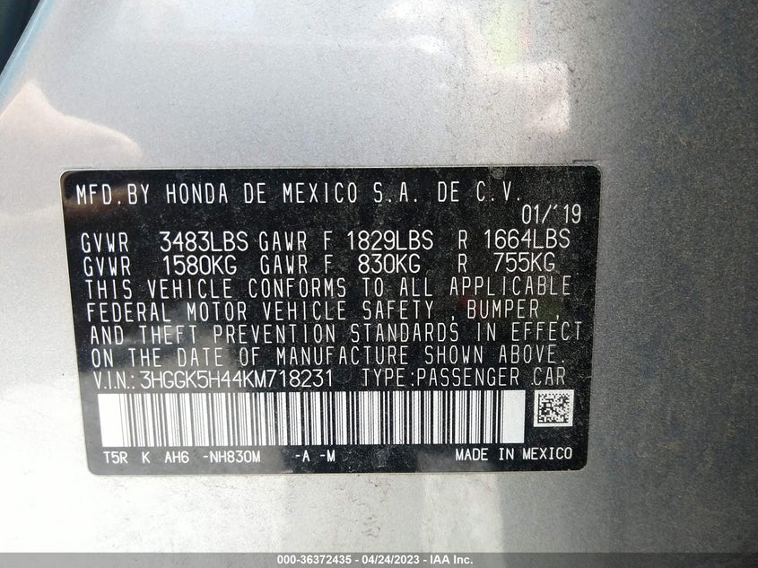 VIN 3HGGK5H44KM718231 2019 HONDA FIT LX