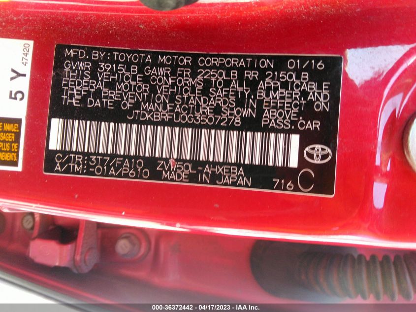 2016 TOYOTA PRIUS TWO - JTDKBRFU0G3507278