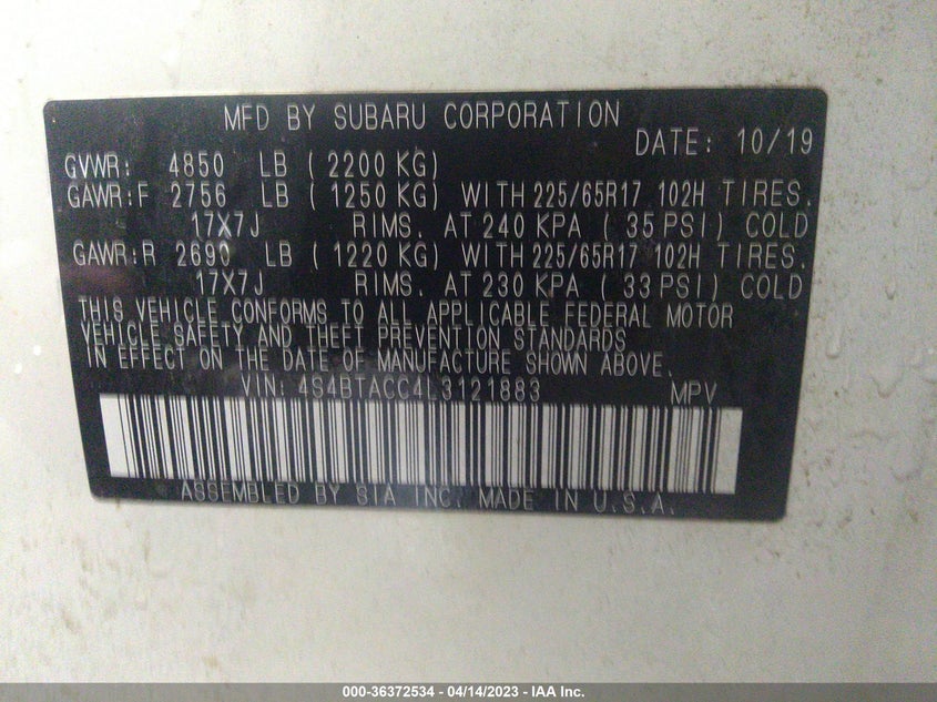 VIN 4S4BTACC4L3121883 2020 SUBARU OUTBACK PREMIUM