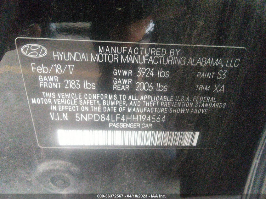 VIN 5NPD84LF4HH194564 2017 HYUNDAI ELANTRA SE