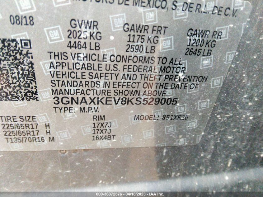 2019 CHEVROLET EQUINOX LT - 3GNAXKEV8KS529005