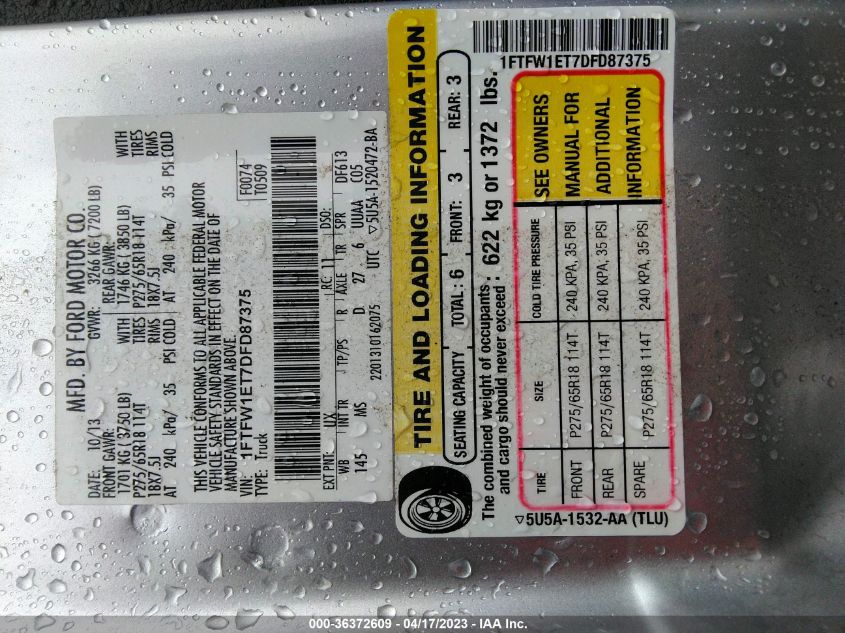 2013 FORD F-150 XL/XLT/FX4/LARIAT - 1FTFW1ET7DFD87375