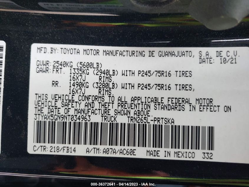 2022 TOYOTA TACOMA 2WD SR/SR5 - 3TYAX5GN9NT034963