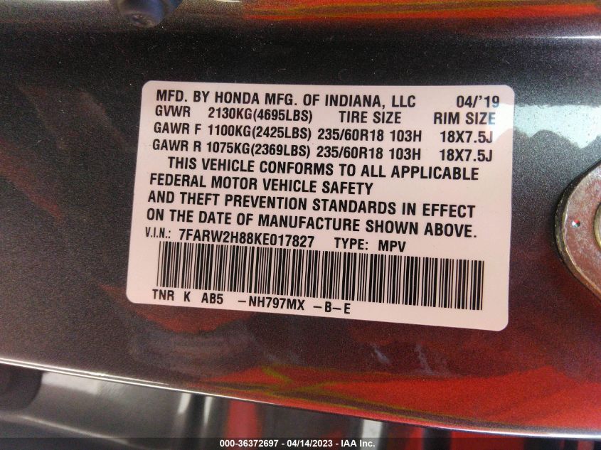 2019 HONDA CR-V EX-L - 7FARW2H88KE017827