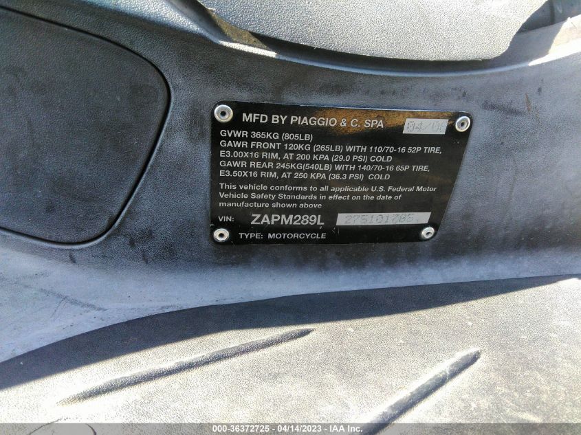 2007 PIAGGIO BV 250 ZAPM289L275101785