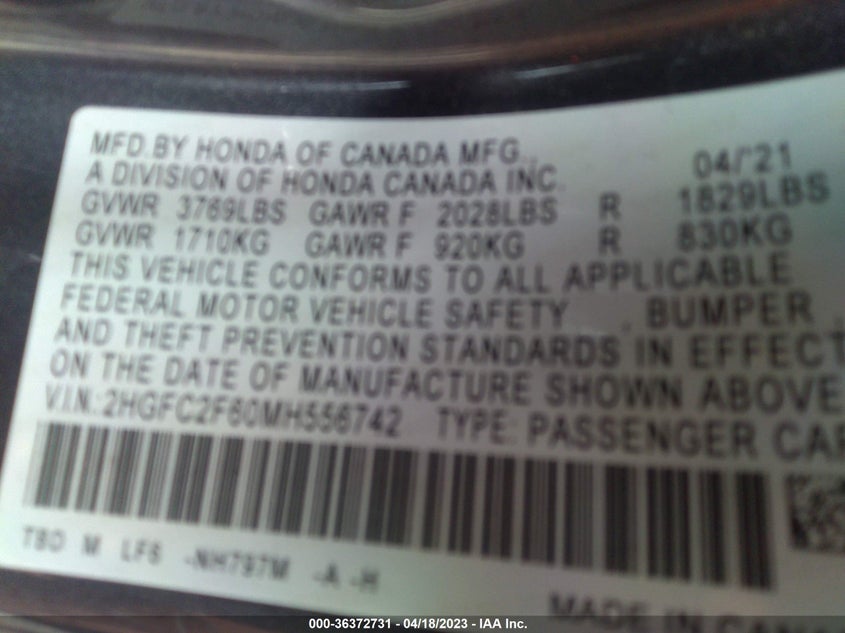 VIN 2HGFC2F60MH556742 2021 HONDA CIVIC SEDAN LX