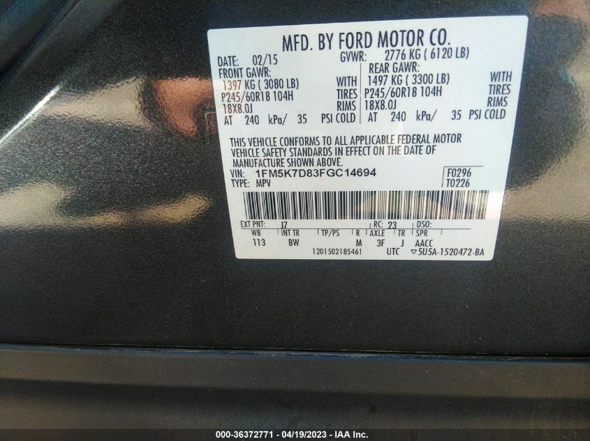 2015 FORD EXPLORER XLT - 1FM5K7D83FGC14694