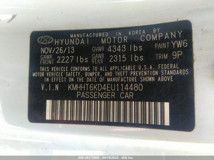 2014 HYUNDAI GENESIS COUPE 2.0T KMHHT6KD4EU114480