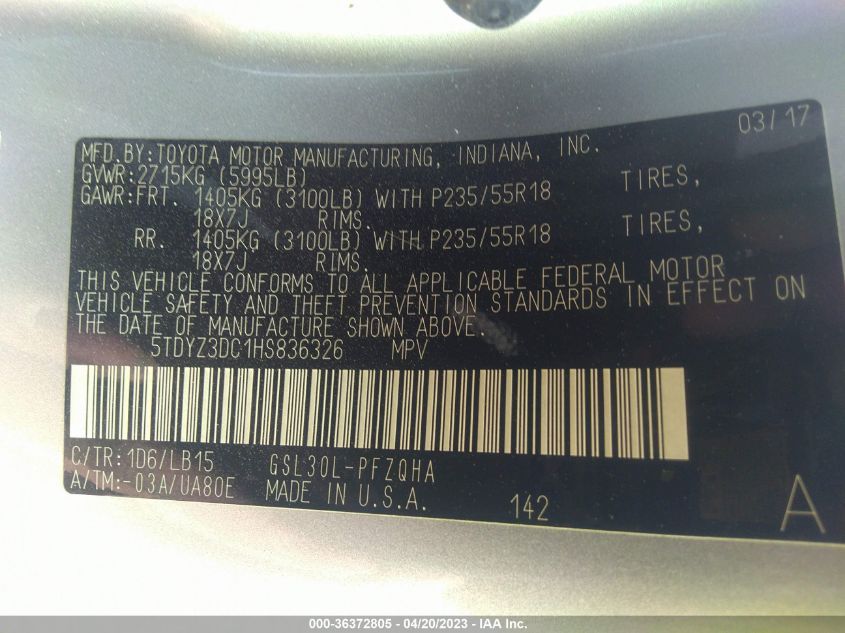 2017 TOYOTA SIENNA XLE AUTO ACCESS - 5TDYZ3DC1HS836326
