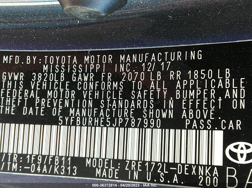 2018 TOYOTA COROLLA L/LE/XLE/SE/XSE - 5YFBURHE5JP787990