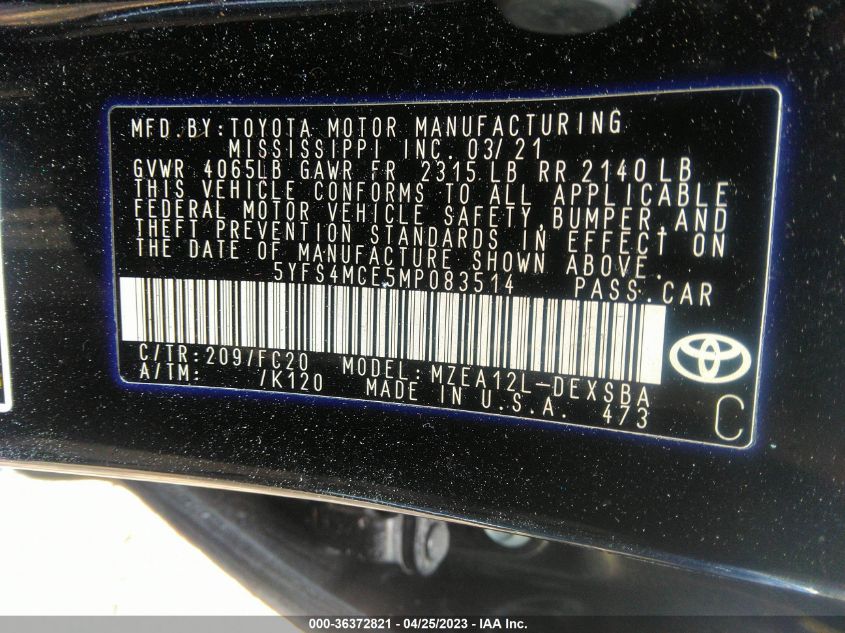 2021 TOYOTA COROLLA SE/NIGHTSHADE/APEX SE - 5YFS4MCE5MP083514
