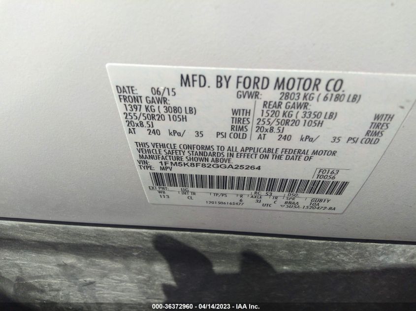 2016 FORD EXPLORER LIMITED - 1FM5K8F82GGA25264