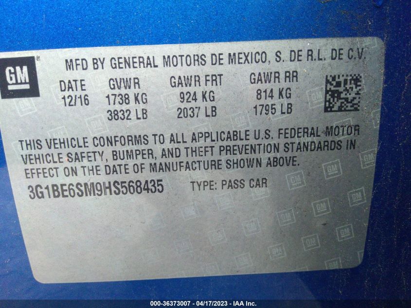 2017 CHEVROLET CRUZE LT - 3G1BE6SM9HS568435