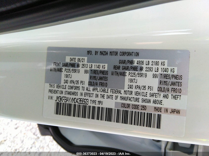 VIN JM3KFBAYXM0435693 2021 MAZDA CX-5 GRAND TOURING RESERVE