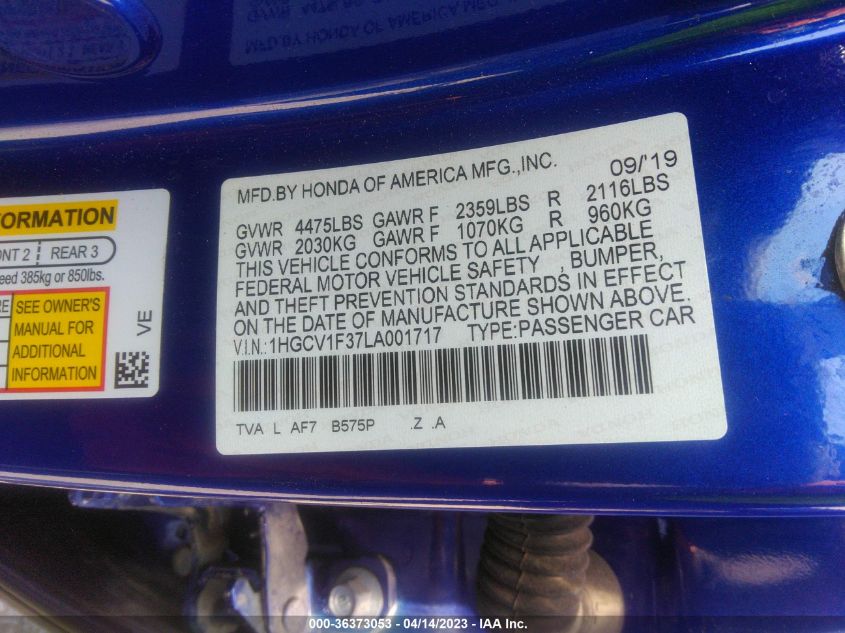 2020 HONDA ACCORD SEDAN SPORT - 1HGCV1F37LA001717