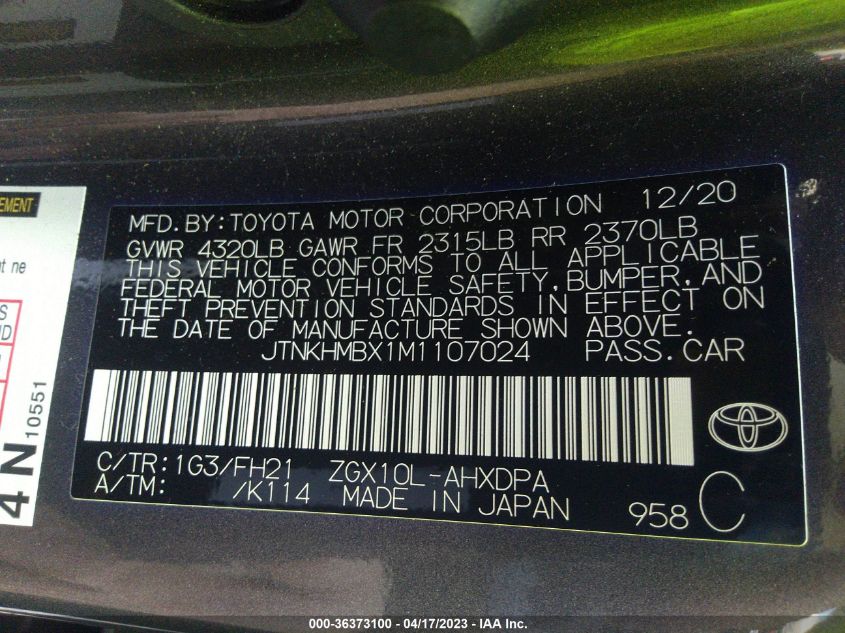 2021 TOYOTA C-HR LE/XLE/LIMITED/NIGHTSHADE - JTNKHMBX1M1107024