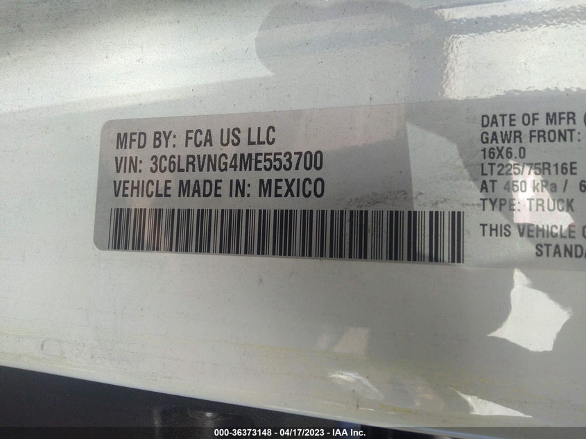 VIN 3C6LRVNG4ME553700 2021 RAM PROMASTER CARGO VAN