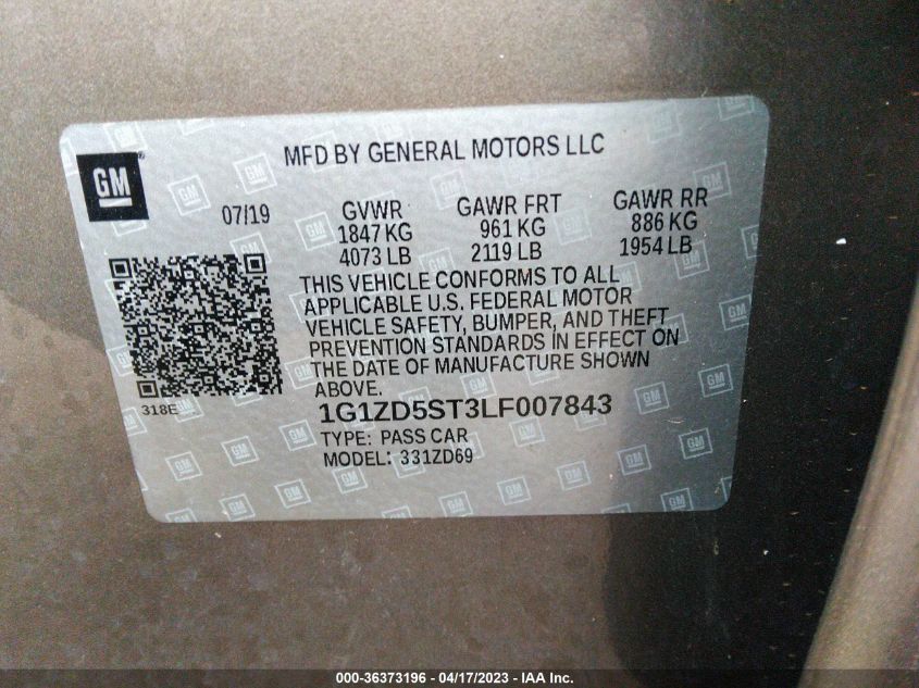 2020 CHEVROLET MALIBU LT - 1G1ZD5ST3LF007843