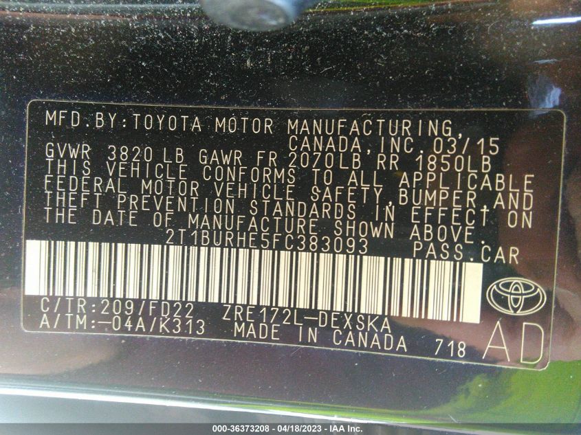 2015 TOYOTA COROLLA S - 2T1BURHE5FC383093