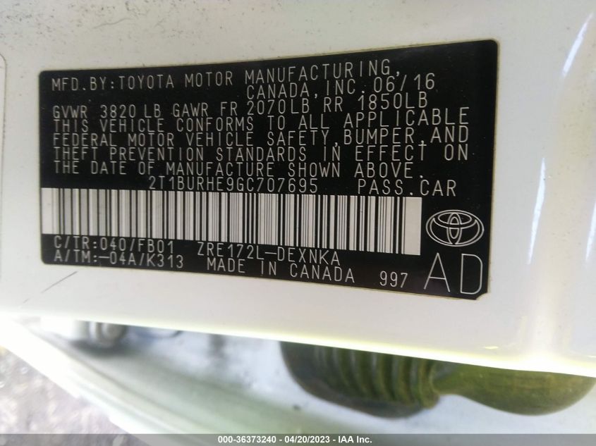 2016 TOYOTA COROLLA L/LE/S/S PLUS/LE PLUS - 2T1BURHE9GC707695