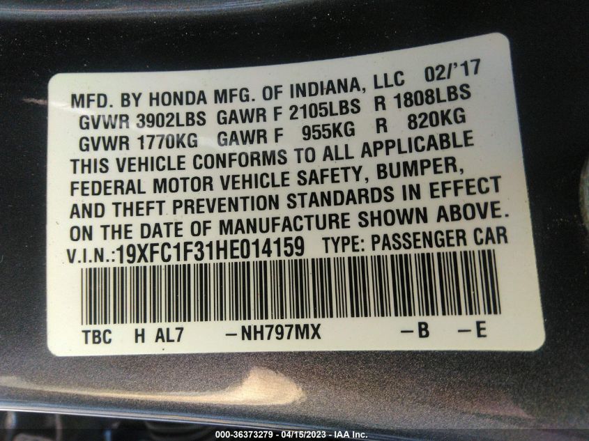 2017 HONDA CIVIC SEDAN EX-T - 19XFC1F31HE014159