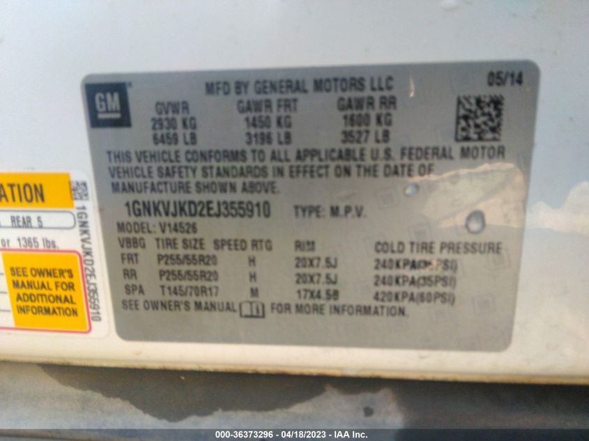 2014 CHEVROLET TRAVERSE LTZ - 1GNKVJKD2EJ355910