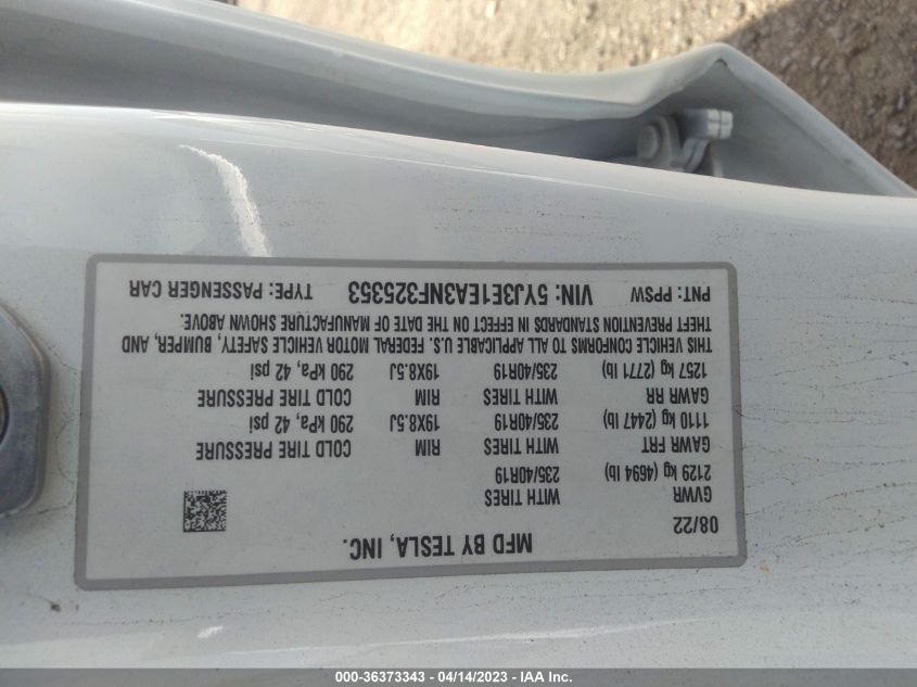 2022 TESLA MODEL 3 - 5YJ3E1EA3NF325353