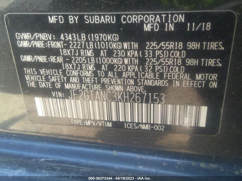 2019 SUBARU CROSSTREK LIMITED - JF2GTANC3KH267153
