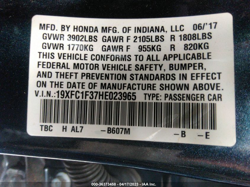 2017 HONDA CIVIC SEDAN EX-T - 19XFC1F37HE023965