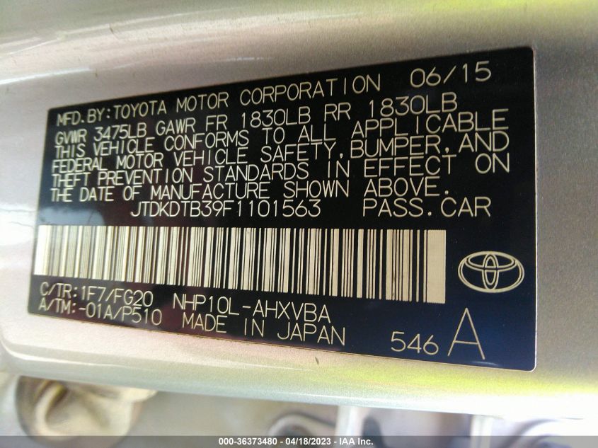 2015 TOYOTA PRIUS C ONE/TWO/THREE/FOUR - JTDKDTB39F1101563