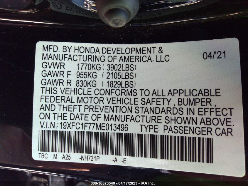 2021 HONDA CIVIC SEDAN EX-L - 19XFC1F77ME013496
