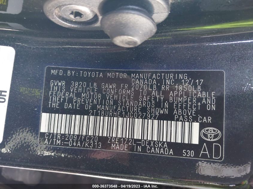 2018 TOYOTA COROLLA L/LE/XLE/SE/XSE - 2T1BURHE1JC027927
