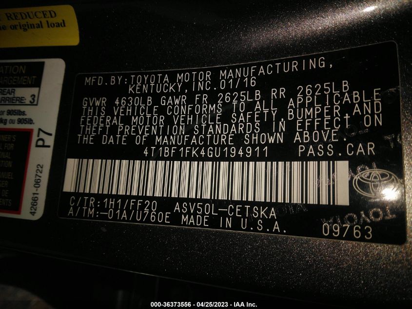 2016 TOYOTA CAMRY XLE/SE/LE/XSE - 4T1BF1FK4GU194911
