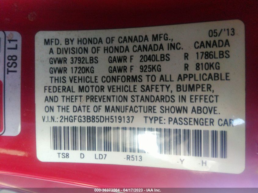 2013 HONDA CIVIC CPE EX 2HGFG3B85DH519137