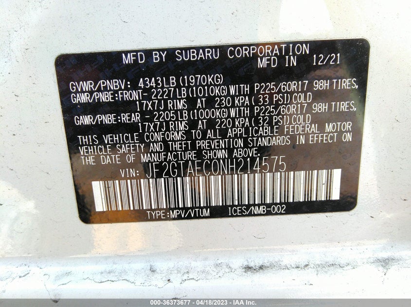 VIN JF2GTAEC0NH214575 2022 SUBARU CROSSTREK PREMIUM