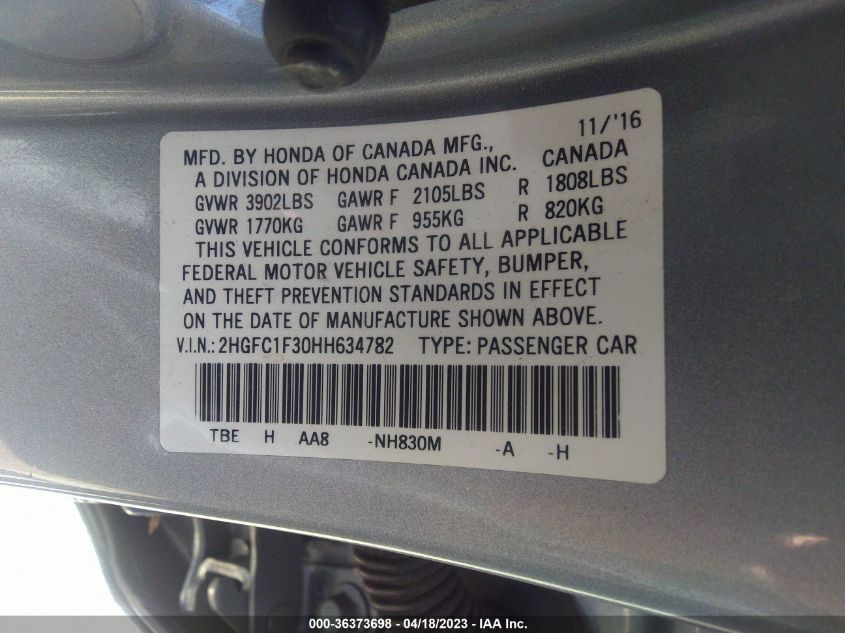 2017 HONDA CIVIC SEDAN EX-T - 2HGFC1F30HH634782