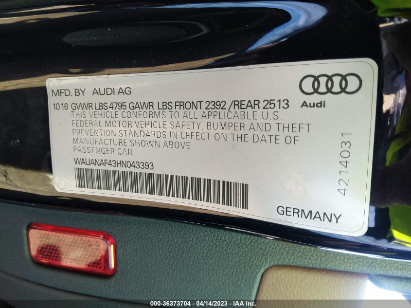 2017 AUDI A4 PREMIUM - WAUANAF43HN043393