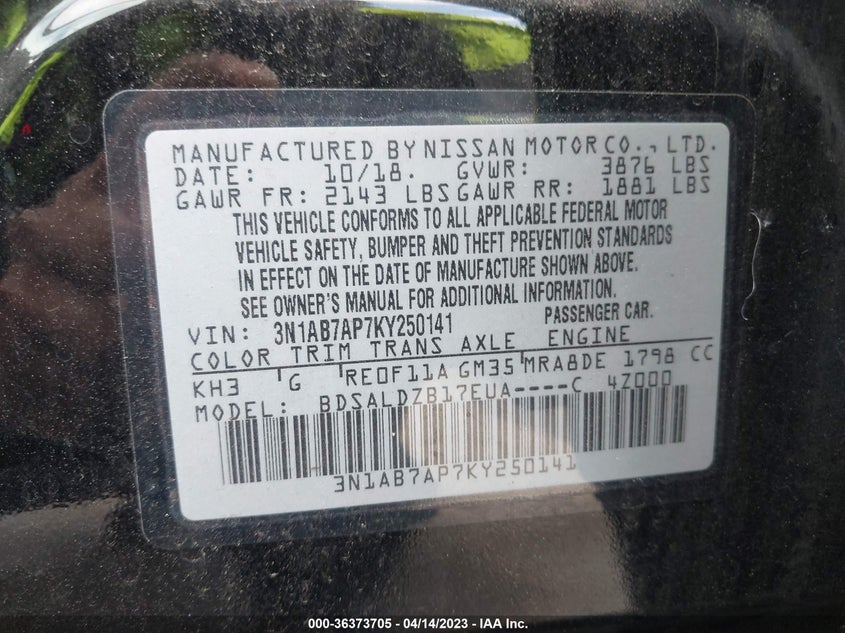 VIN 3N1AB7AP7KY250141 2019 NISSAN SENTRA SV