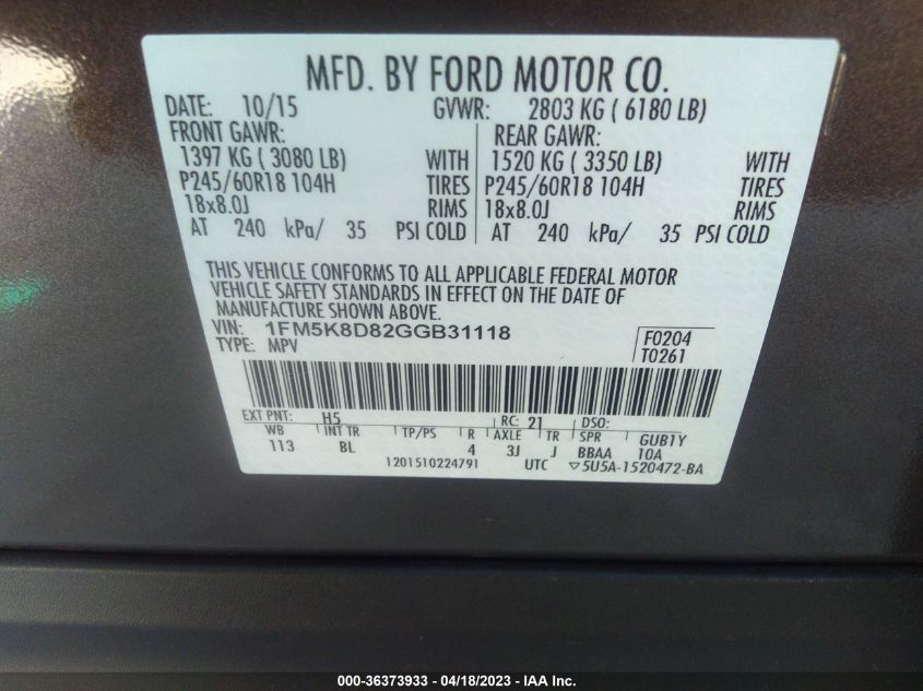 2016 FORD EXPLORER XLT - 1FM5K8D82GGB31118