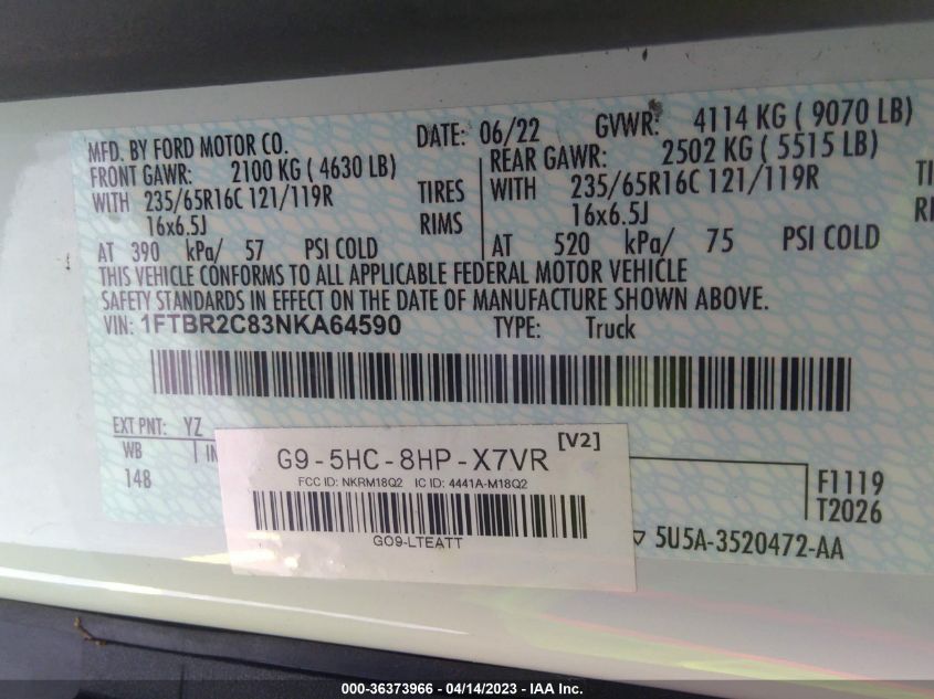 2022 FORD TRANSIT CARGO VAN - 1FTBR2C83NKA64590