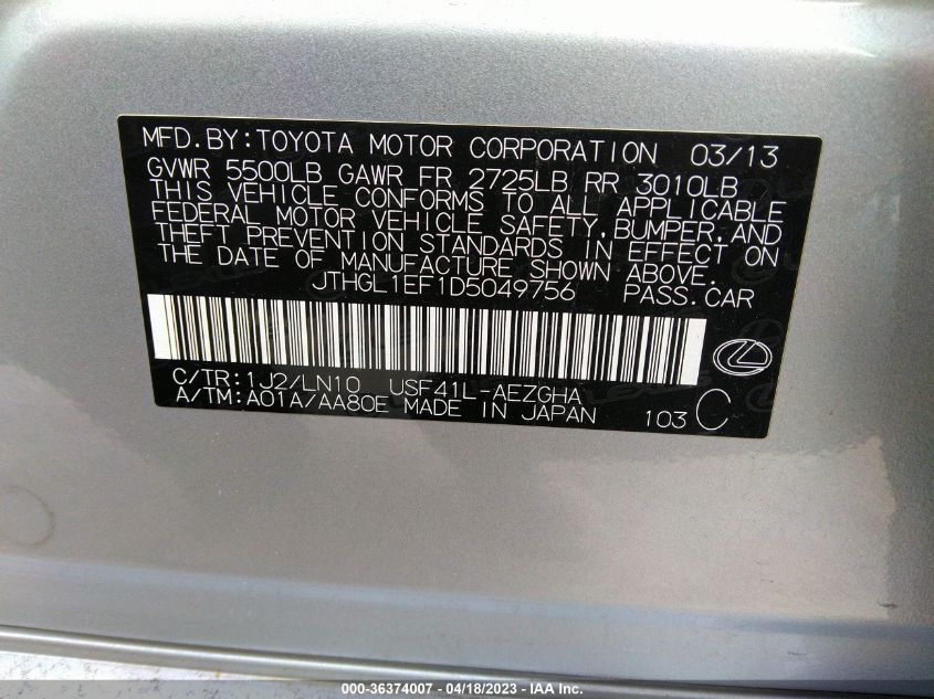 2013 LEXUS LS 460 L JTHGL1EF1D5049756