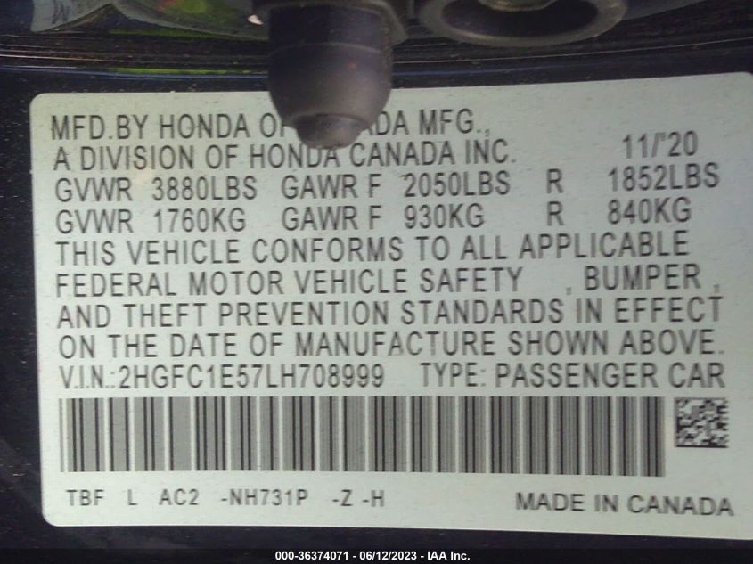 2020 HONDA CIVIC SI SEDAN 2HGFC1E57LH708999